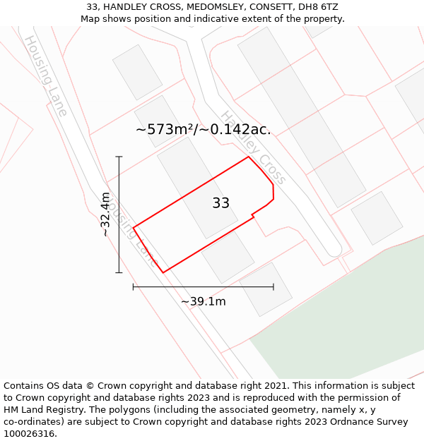 33, HANDLEY CROSS, MEDOMSLEY, CONSETT, DH8 6TZ: Plot and title map