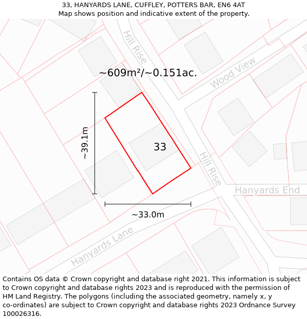 33, HANYARDS LANE, CUFFLEY, POTTERS BAR, EN6 4AT: Plot and title map