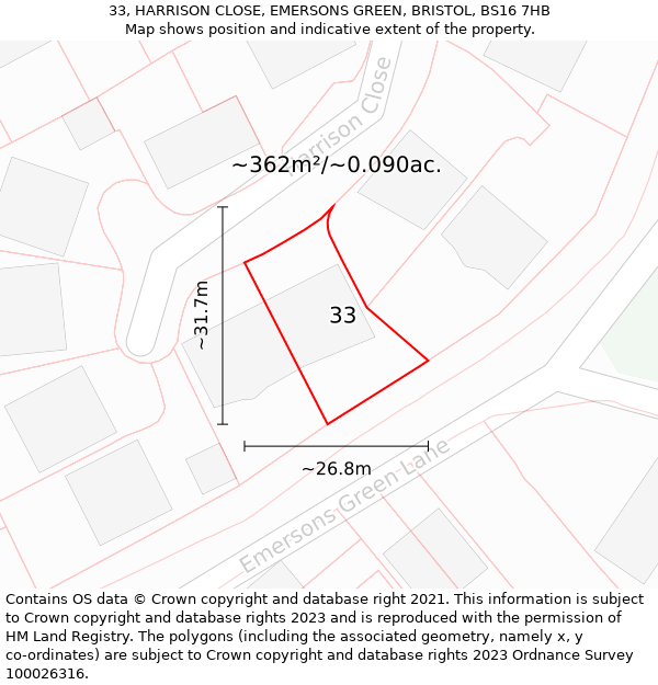 33, HARRISON CLOSE, EMERSONS GREEN, BRISTOL, BS16 7HB: Plot and title map