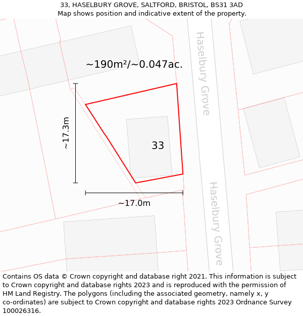 33, HASELBURY GROVE, SALTFORD, BRISTOL, BS31 3AD: Plot and title map