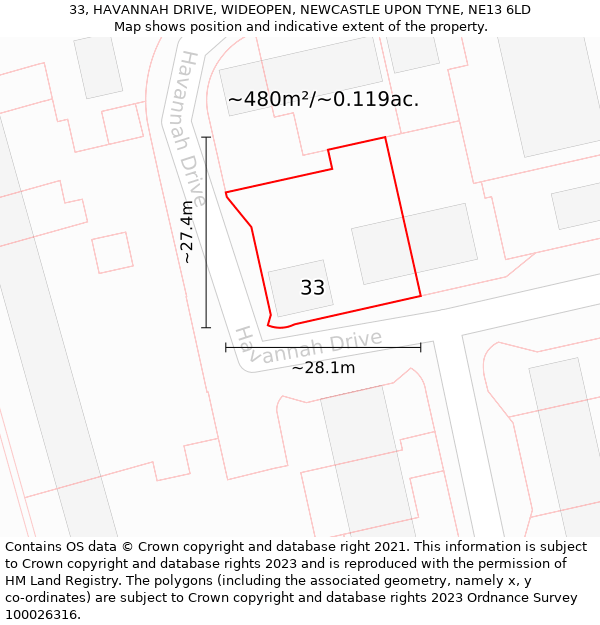 33, HAVANNAH DRIVE, WIDEOPEN, NEWCASTLE UPON TYNE, NE13 6LD: Plot and title map