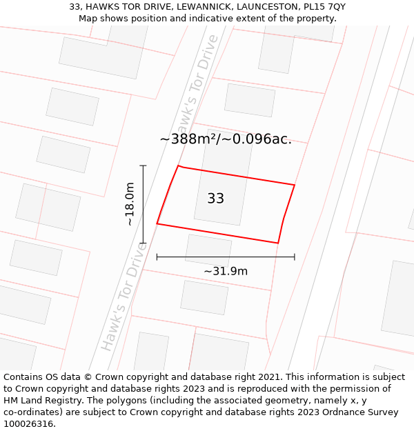 33, HAWKS TOR DRIVE, LEWANNICK, LAUNCESTON, PL15 7QY: Plot and title map