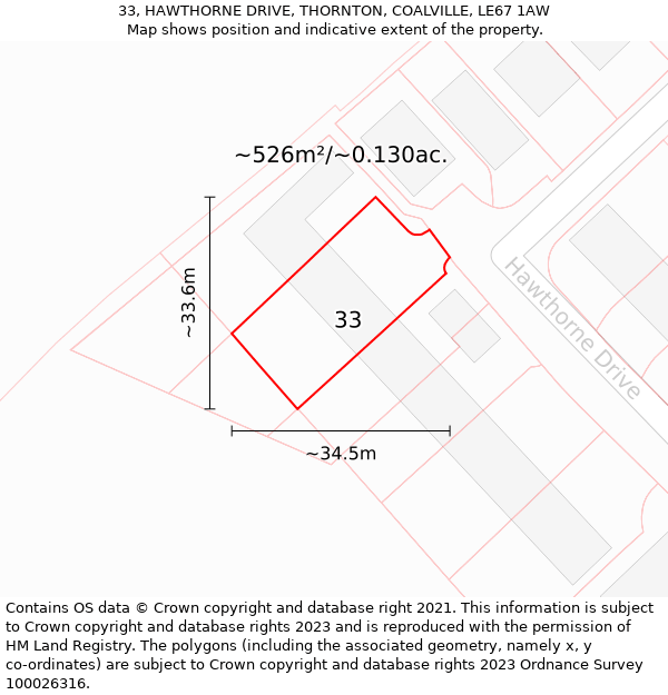 33, HAWTHORNE DRIVE, THORNTON, COALVILLE, LE67 1AW: Plot and title map