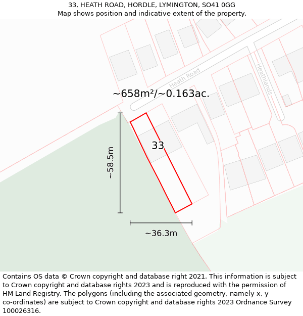 33, HEATH ROAD, HORDLE, LYMINGTON, SO41 0GG: Plot and title map