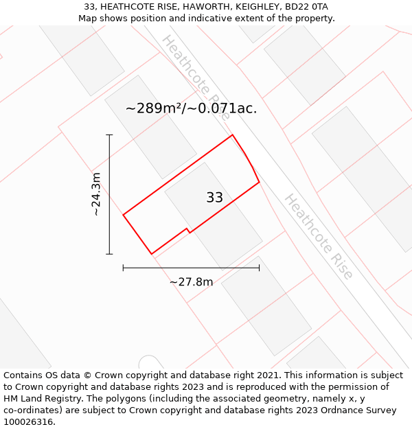 33, HEATHCOTE RISE, HAWORTH, KEIGHLEY, BD22 0TA: Plot and title map