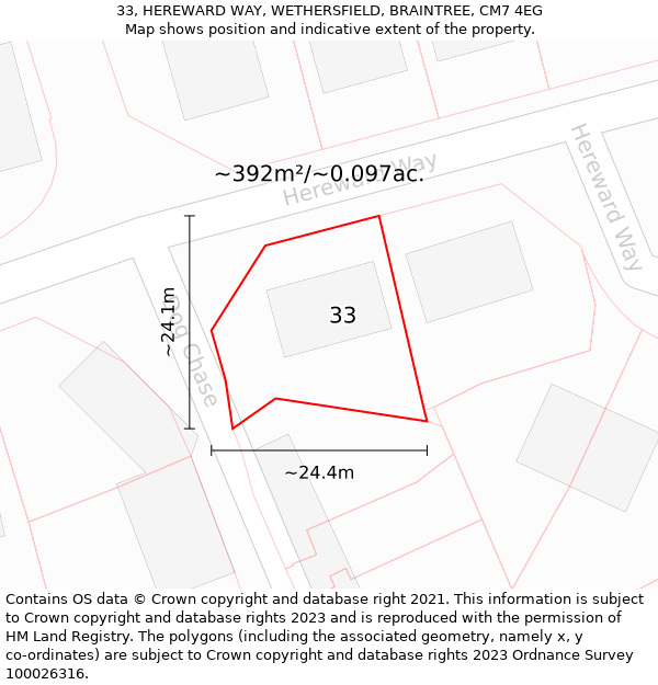 33, HEREWARD WAY, WETHERSFIELD, BRAINTREE, CM7 4EG: Plot and title map