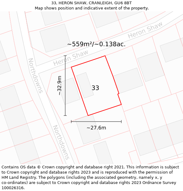 33, HERON SHAW, CRANLEIGH, GU6 8BT: Plot and title map