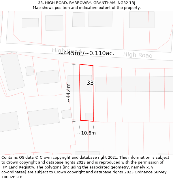 33, HIGH ROAD, BARROWBY, GRANTHAM, NG32 1BJ: Plot and title map