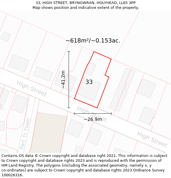 33, HIGH STREET, BRYNGWRAN, HOLYHEAD, LL65 3PP: Plot and title map