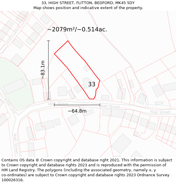 33, HIGH STREET, FLITTON, BEDFORD, MK45 5DY: Plot and title map