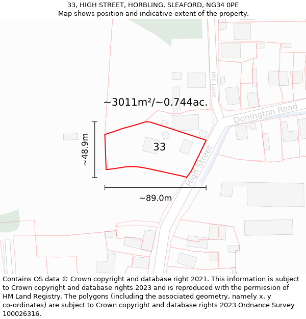 33, HIGH STREET, HORBLING, SLEAFORD, NG34 0PE: Plot and title map