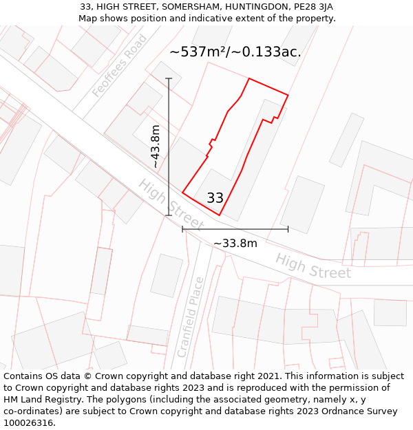 33, HIGH STREET, SOMERSHAM, HUNTINGDON, PE28 3JA: Plot and title map