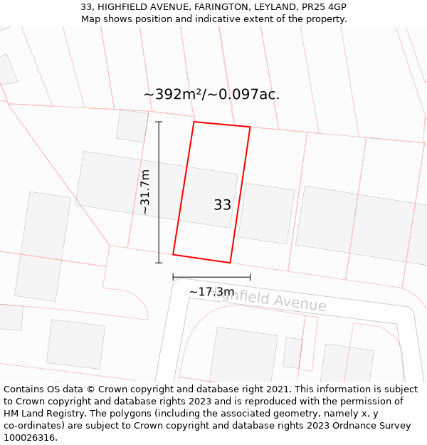 33, HIGHFIELD AVENUE, FARINGTON, LEYLAND, PR25 4GP: Plot and title map