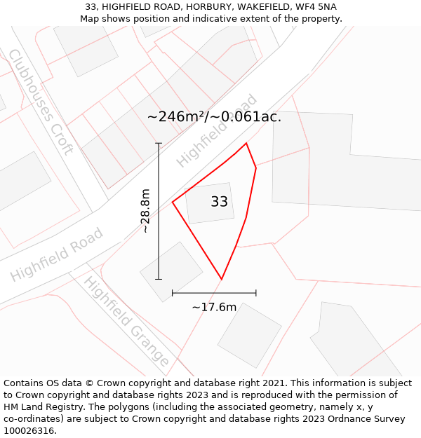 33, HIGHFIELD ROAD, HORBURY, WAKEFIELD, WF4 5NA: Plot and title map