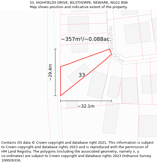 33, HIGHFIELDS DRIVE, BILSTHORPE, NEWARK, NG22 8SN: Plot and title map