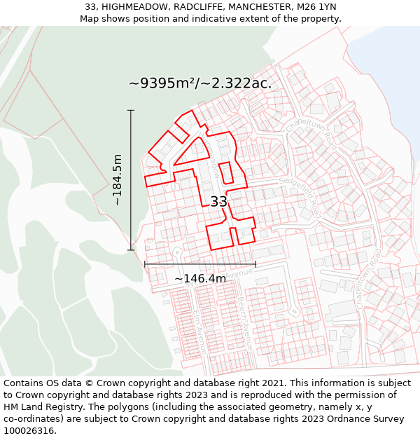 33, HIGHMEADOW, RADCLIFFE, MANCHESTER, M26 1YN: Plot and title map