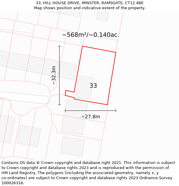 33, HILL HOUSE DRIVE, MINSTER, RAMSGATE, CT12 4BE: Plot and title map