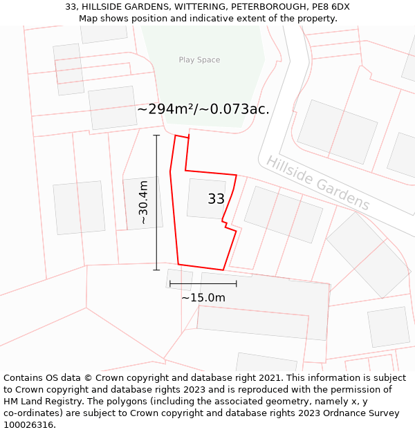 33, HILLSIDE GARDENS, WITTERING, PETERBOROUGH, PE8 6DX: Plot and title map