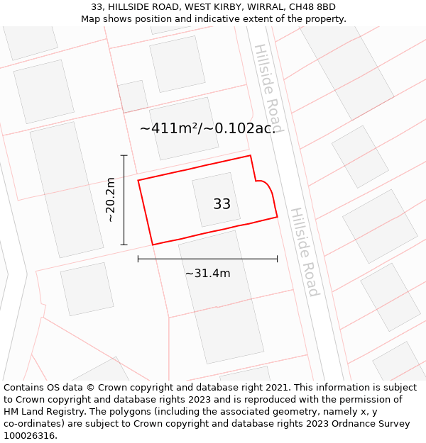 33, HILLSIDE ROAD, WEST KIRBY, WIRRAL, CH48 8BD: Plot and title map