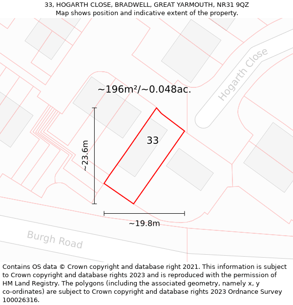 33, HOGARTH CLOSE, BRADWELL, GREAT YARMOUTH, NR31 9QZ: Plot and title map