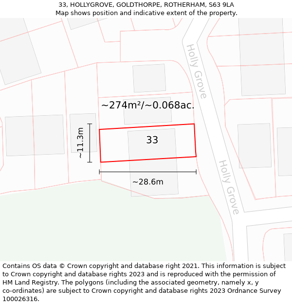 33, HOLLYGROVE, GOLDTHORPE, ROTHERHAM, S63 9LA: Plot and title map