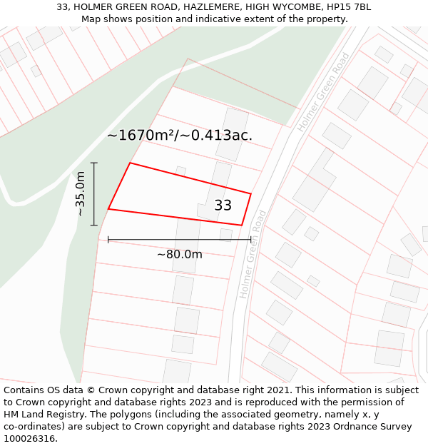 33, HOLMER GREEN ROAD, HAZLEMERE, HIGH WYCOMBE, HP15 7BL: Plot and title map