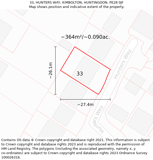 33, HUNTERS WAY, KIMBOLTON, HUNTINGDON, PE28 0JF: Plot and title map