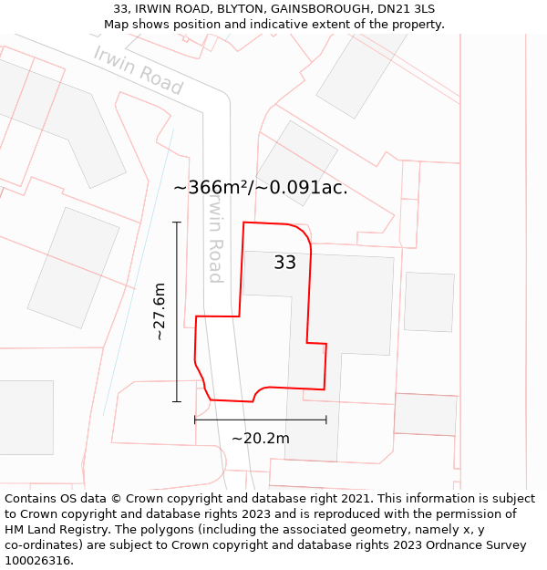 33, IRWIN ROAD, BLYTON, GAINSBOROUGH, DN21 3LS: Plot and title map