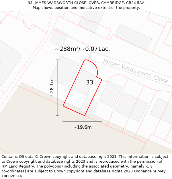 33, JAMES WADSWORTH CLOSE, OVER, CAMBRIDGE, CB24 5AA: Plot and title map