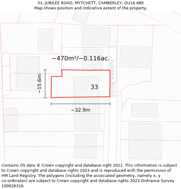33, JUBILEE ROAD, MYTCHETT, CAMBERLEY, GU16 6BE: Plot and title map