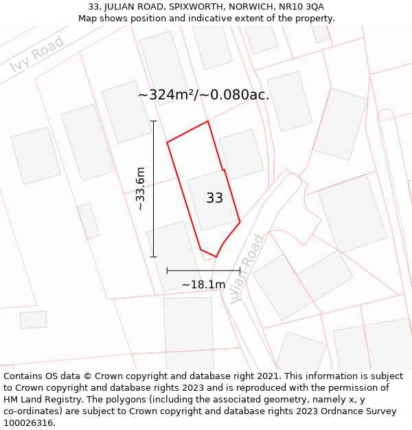 33, JULIAN ROAD, SPIXWORTH, NORWICH, NR10 3QA: Plot and title map