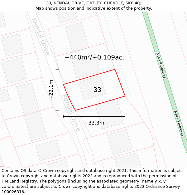 33, KENDAL DRIVE, GATLEY, CHEADLE, SK8 4QJ: Plot and title map