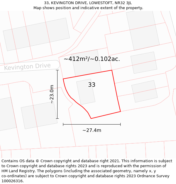 33, KEVINGTON DRIVE, LOWESTOFT, NR32 3JL: Plot and title map