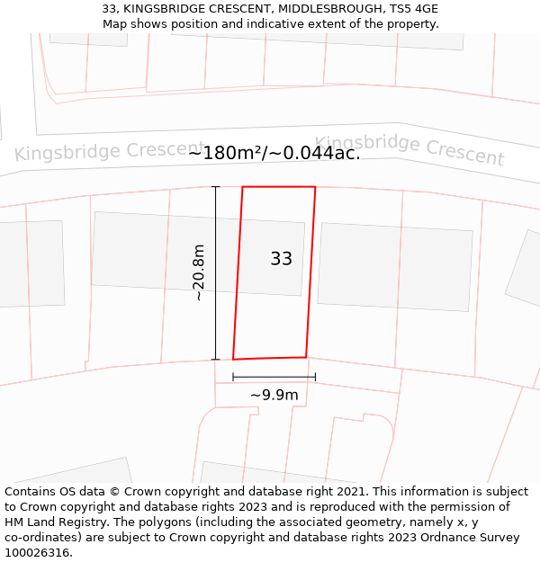 33, KINGSBRIDGE CRESCENT, MIDDLESBROUGH, TS5 4GE: Plot and title map