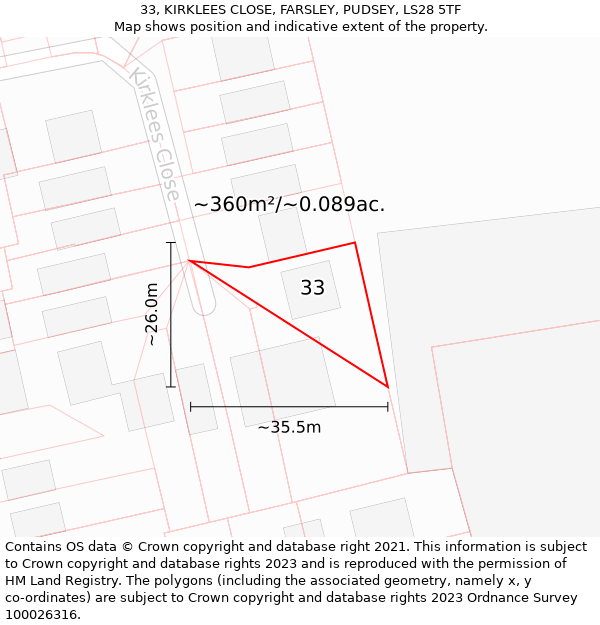 33, KIRKLEES CLOSE, FARSLEY, PUDSEY, LS28 5TF: Plot and title map