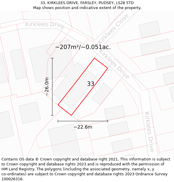 33, KIRKLEES DRIVE, FARSLEY, PUDSEY, LS28 5TD: Plot and title map