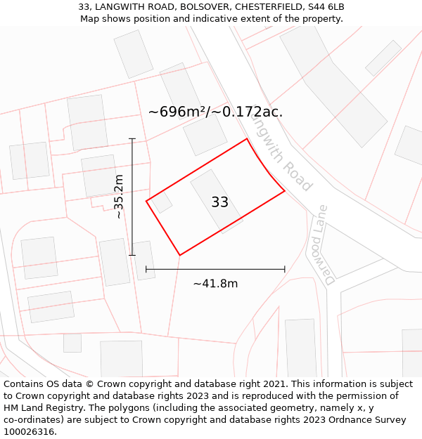 33, LANGWITH ROAD, BOLSOVER, CHESTERFIELD, S44 6LB: Plot and title map