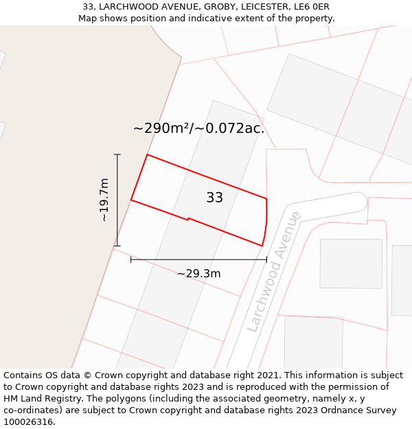 33, LARCHWOOD AVENUE, GROBY, LEICESTER, LE6 0ER: Plot and title map