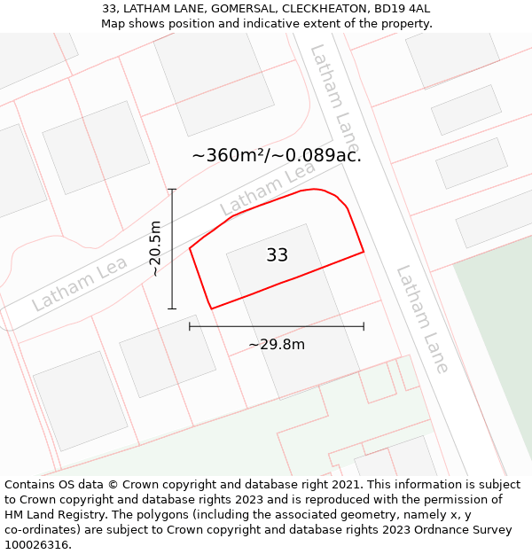 33, LATHAM LANE, GOMERSAL, CLECKHEATON, BD19 4AL: Plot and title map