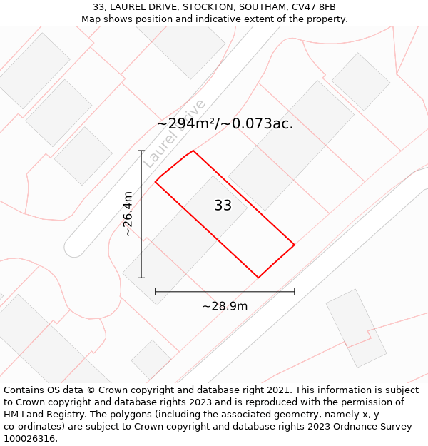 33, LAUREL DRIVE, STOCKTON, SOUTHAM, CV47 8FB: Plot and title map