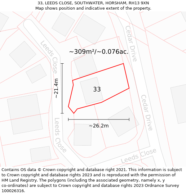 33, LEEDS CLOSE, SOUTHWATER, HORSHAM, RH13 9XN: Plot and title map