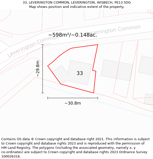 33, LEVERINGTON COMMON, LEVERINGTON, WISBECH, PE13 5DG: Plot and title map