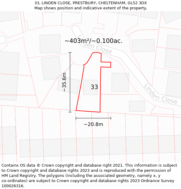 33, LINDEN CLOSE, PRESTBURY, CHELTENHAM, GL52 3DX: Plot and title map