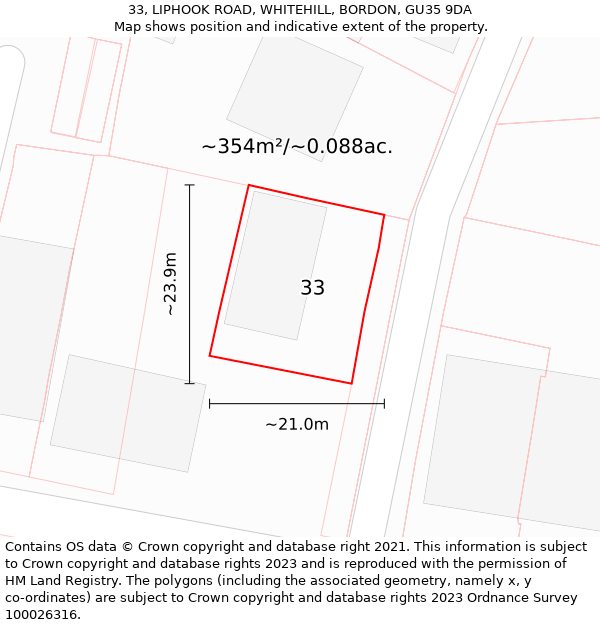 33, LIPHOOK ROAD, WHITEHILL, BORDON, GU35 9DA: Plot and title map