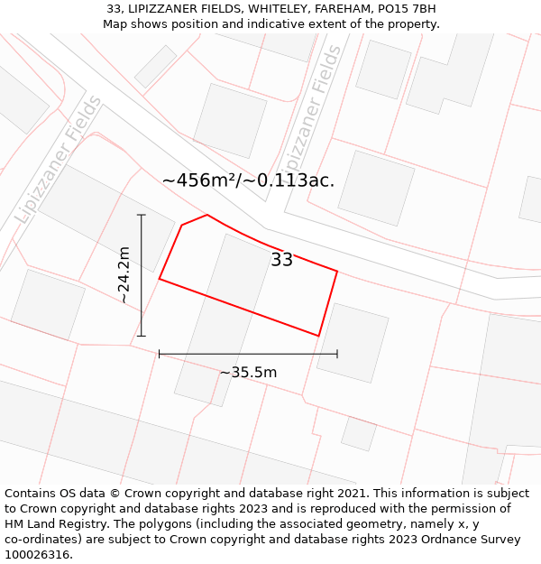 33, LIPIZZANER FIELDS, WHITELEY, FAREHAM, PO15 7BH: Plot and title map