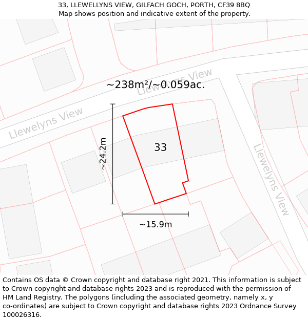 33, LLEWELLYNS VIEW, GILFACH GOCH, PORTH, CF39 8BQ: Plot and title map