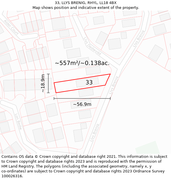 33, LLYS BRENIG, RHYL, LL18 4BX: Plot and title map