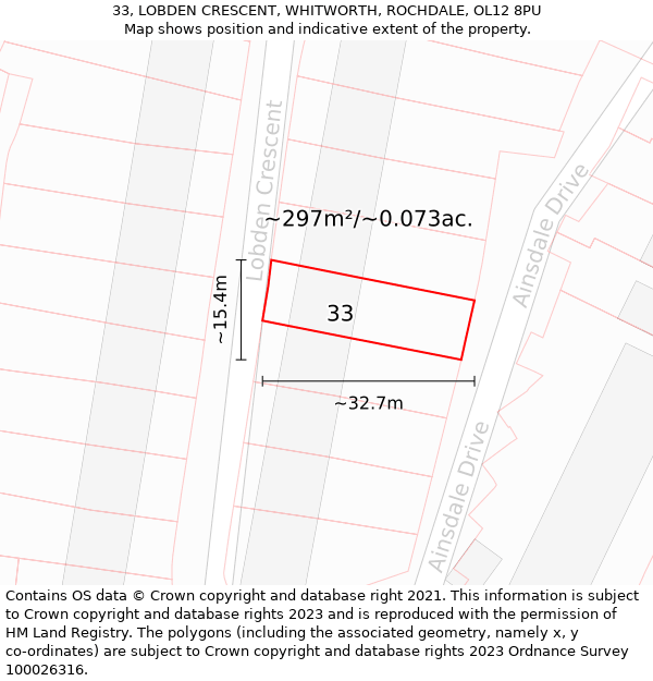 33, LOBDEN CRESCENT, WHITWORTH, ROCHDALE, OL12 8PU: Plot and title map