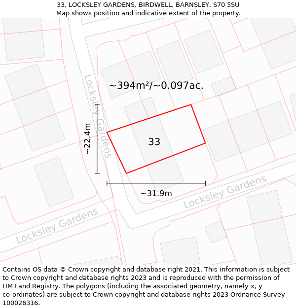 33, LOCKSLEY GARDENS, BIRDWELL, BARNSLEY, S70 5SU: Plot and title map