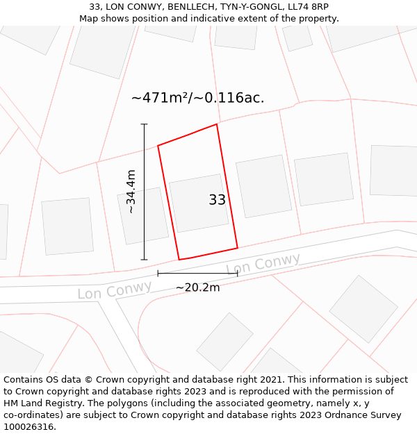 33, LON CONWY, BENLLECH, TYN-Y-GONGL, LL74 8RP: Plot and title map